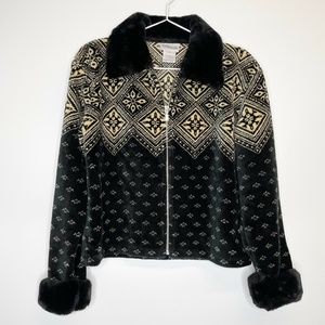 Vtg Y2K Nordic Fair Isle Fleece Black Faux Fur Zip Jacket Willi Smith